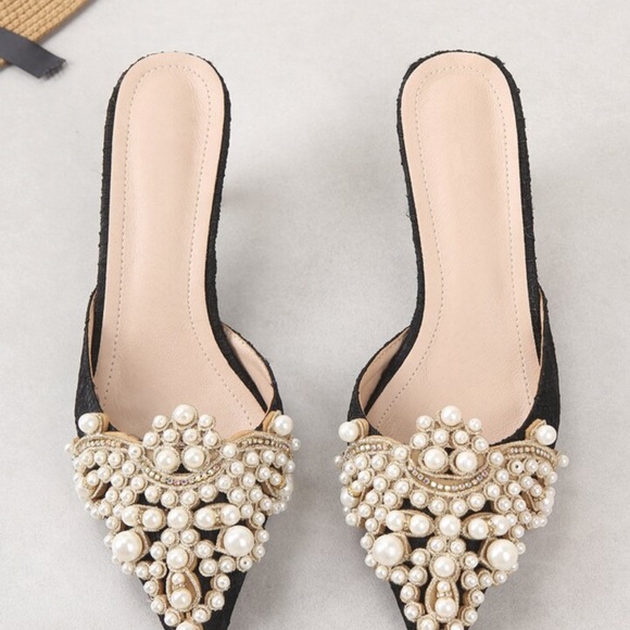 Black Faux Pearl Decor Kitten Heeled Mules - Picture 1 of 6